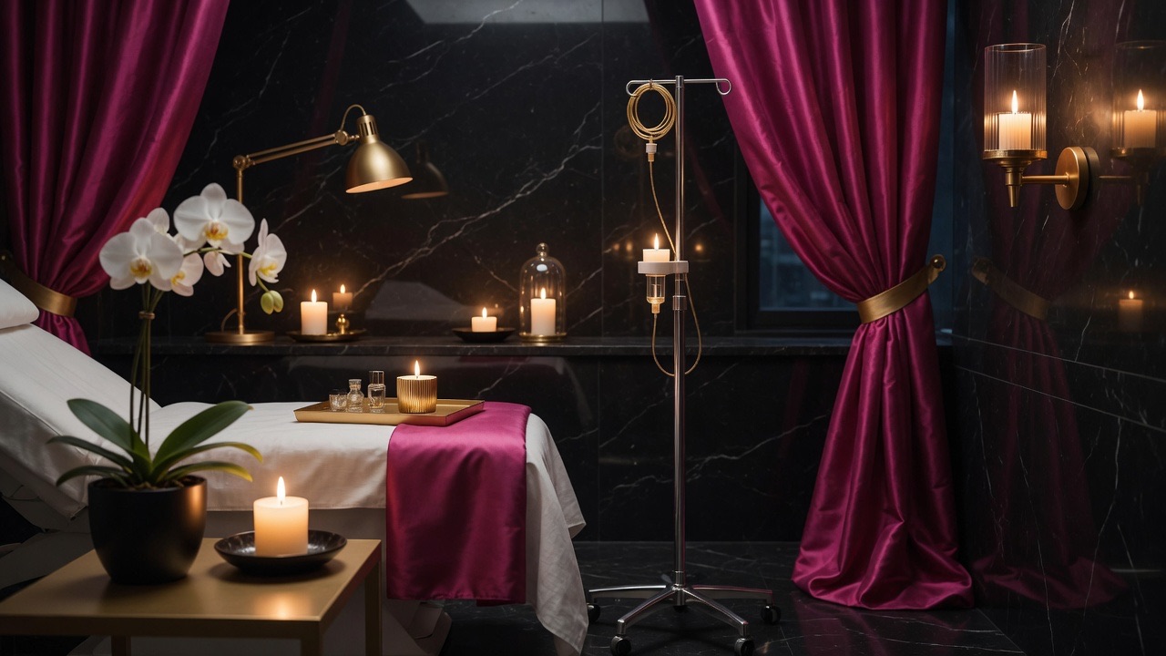 Magenta and gold aesthetic clinic treatment room
