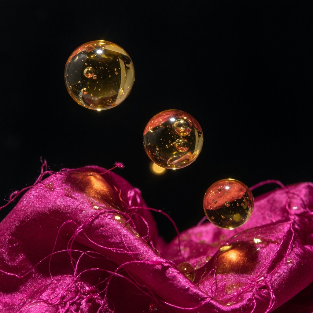 Gold serum orbs over magenta silk