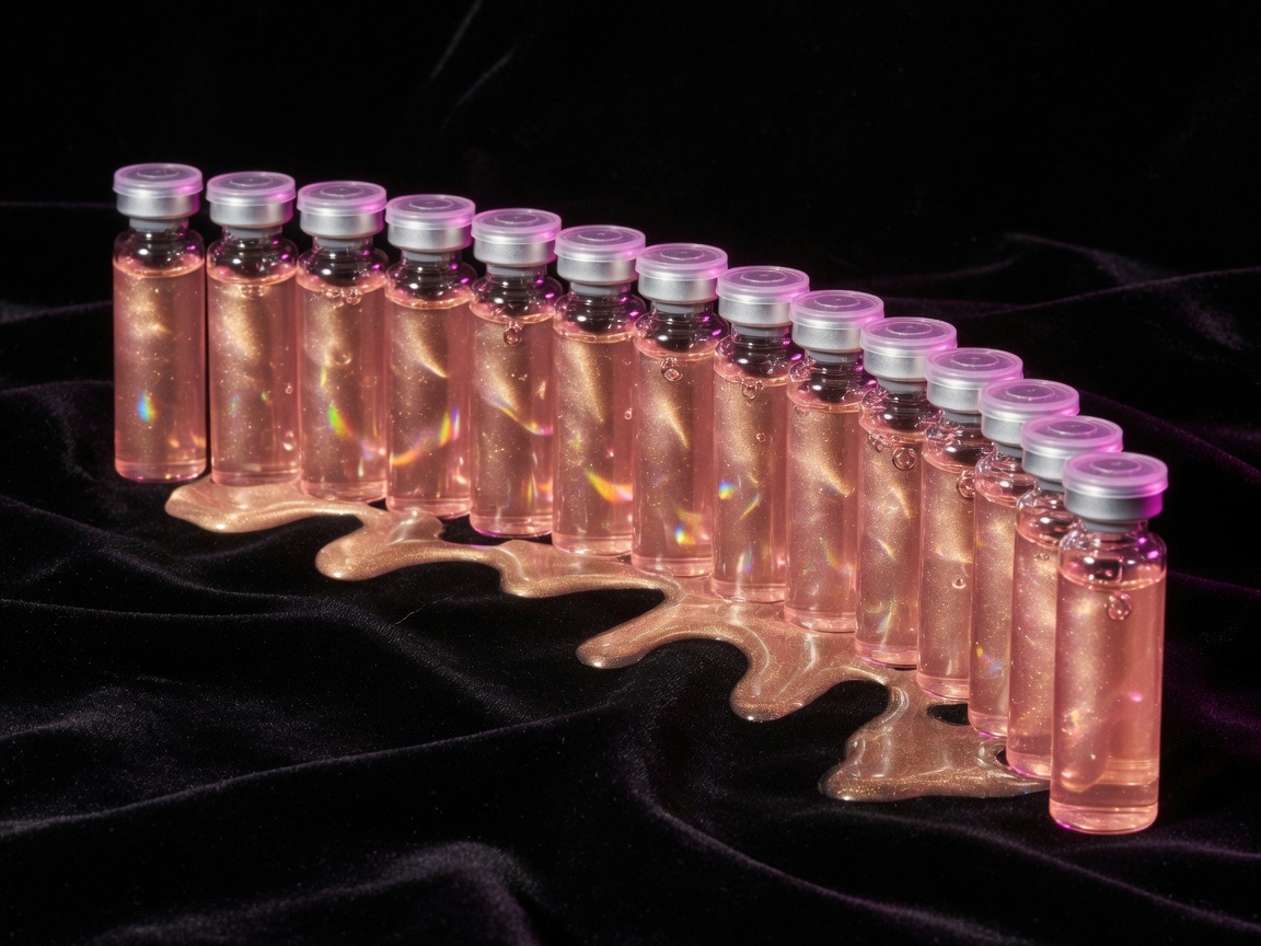 Rose-gold serum vials on black velvet